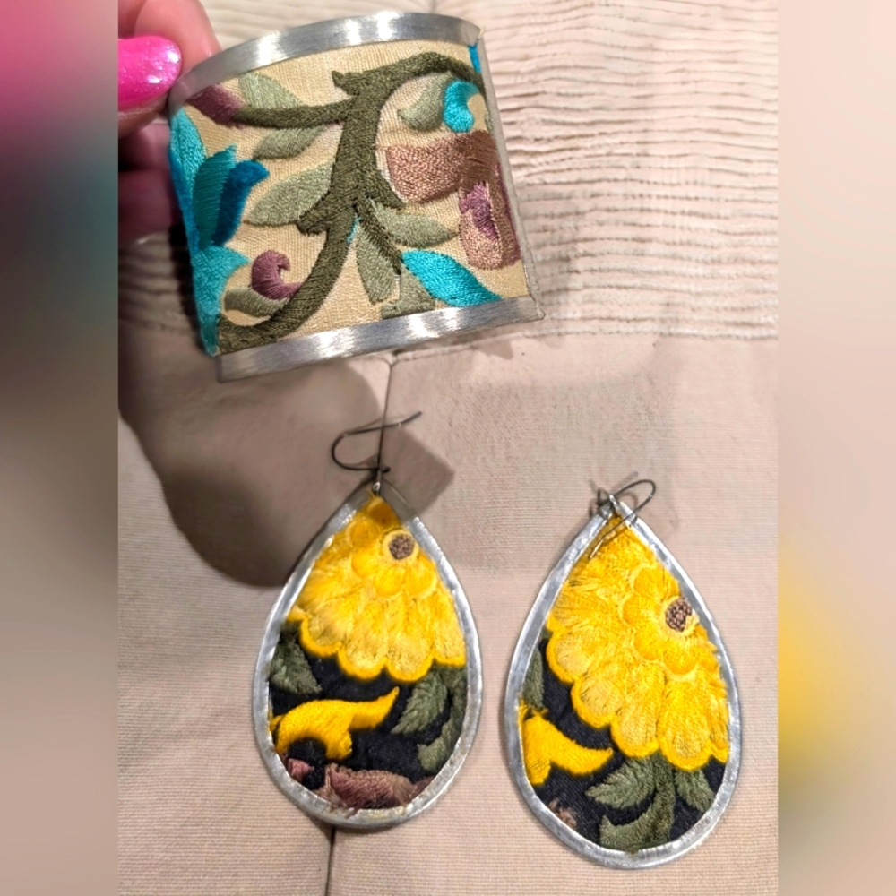 Floral Embroidered Cuff and Earrings Set